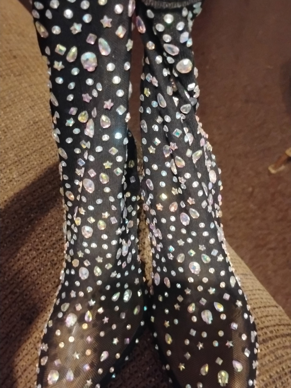 Akira Embellished Black Sheer Boots with Iridescent Rhinestones
